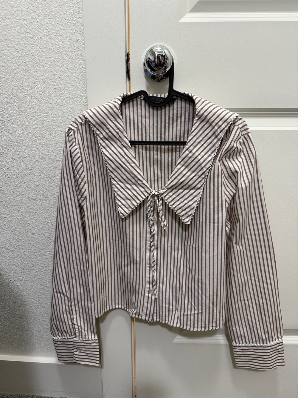 Zara Brown and White Striped Button-Down Sailor Collar Top
